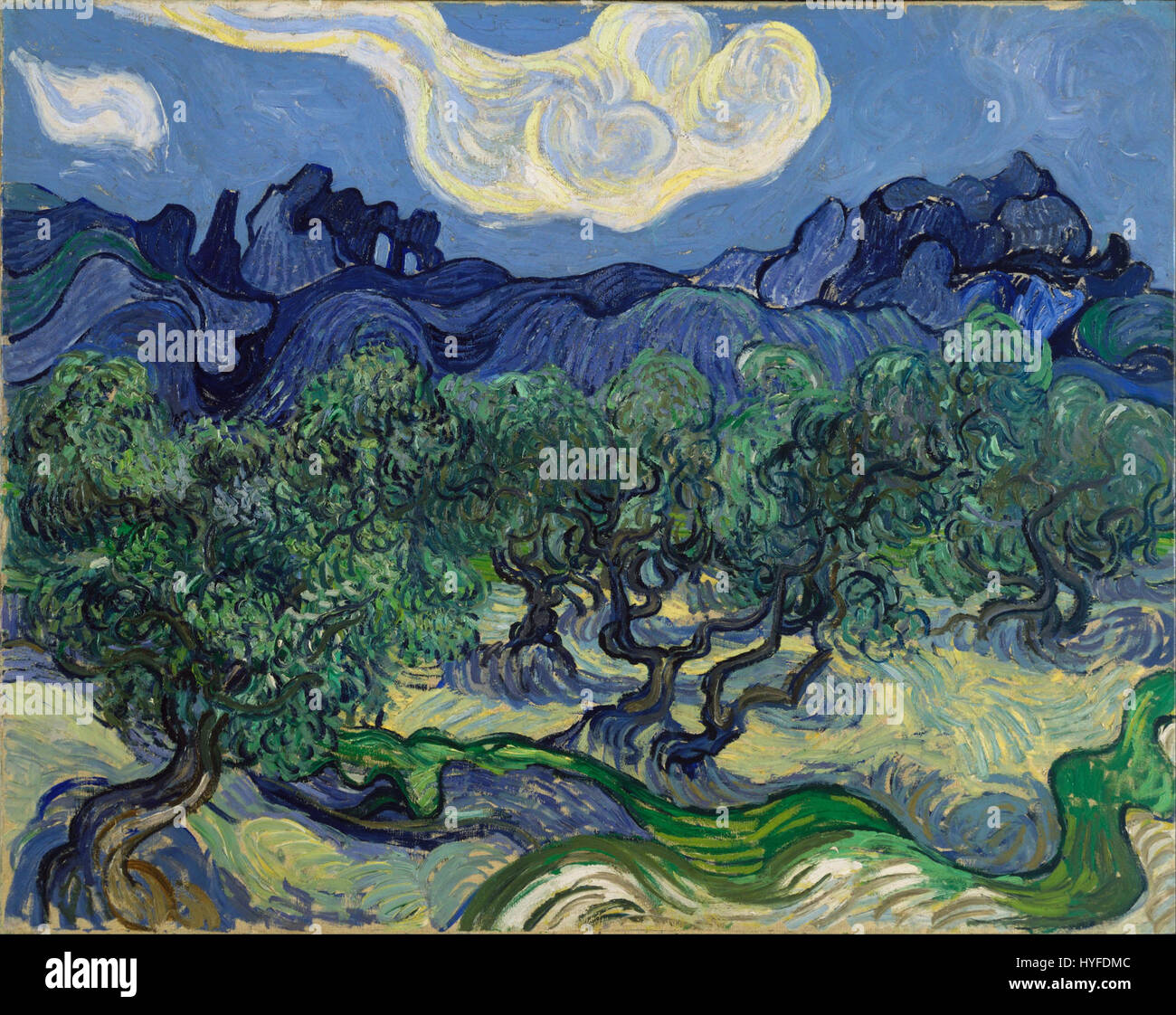 "Gli ulivi" è un famoso dipinto di Vincent van Gogh, creato nel 1889. Raffigura un paesaggio di alberi di ulivo, che mostra l'espressiva pennellata di van Gogh e la vivace tavolozza di colori, caratteristica del suo stile post-impressionista. Foto Stock