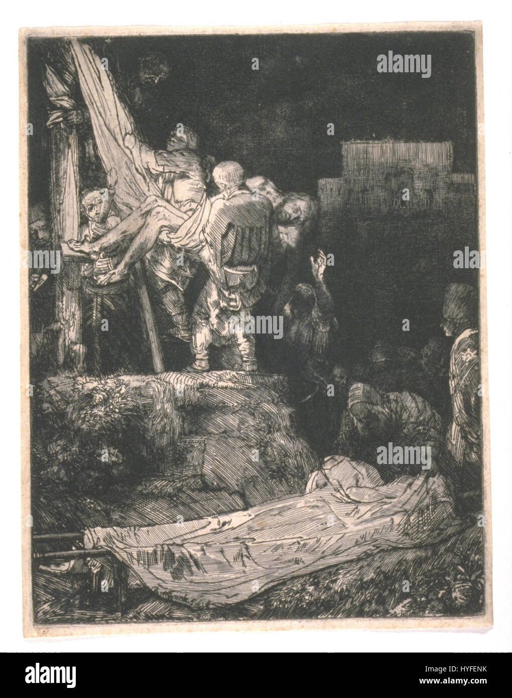 La «discesa dalla croce con la torcia» di Rembrandt van Rijn cattura l'intensità emotiva della discesa di Cristo dalla croce, sottolineando la luce e l'ombra in un drammatico stile barocco. Foto Stock