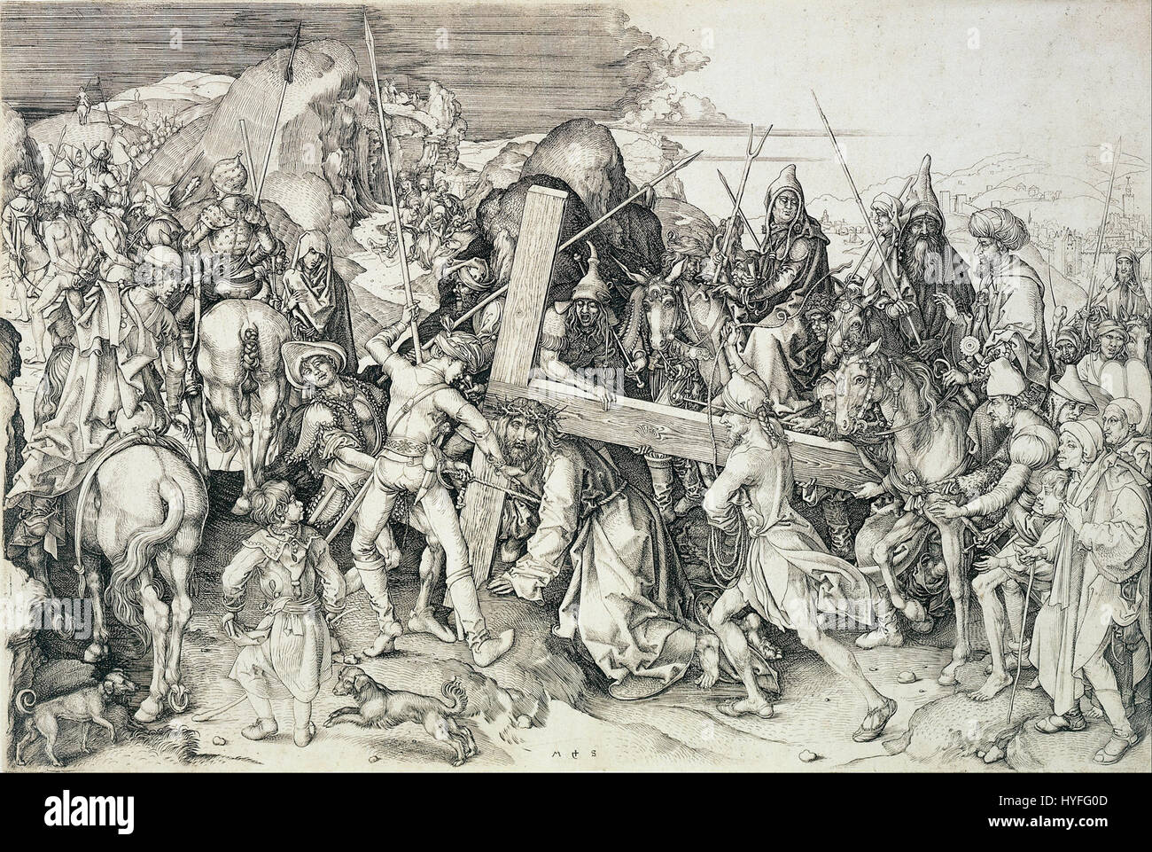 Il "Cristo che porta la sua croce" di Martin Schongauer è un'incisione iconica che raffigura il viaggio di Cristo verso la sua crocifissione. Il lavoro mostra la padronanza di Schongauer nell'incisione di linea e la sua capacità di catturare emozioni e movimenti intensi. Foto Stock