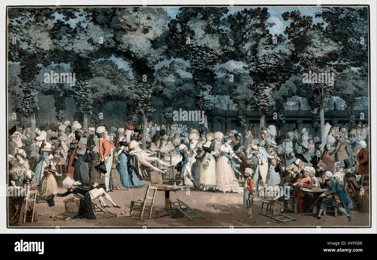 La Promenade Publique di Philibert Louis Debucourt cattura una vivace scena della società francese del XVIII secolo durante una passeggiata pubblica. Questo genere di pittura riflette la moda e le dinamiche sociali del periodo, con rappresentazioni dettagliate dell'abbigliamento e dell'interazione delle persone nell'ambiente del parco. Foto Stock