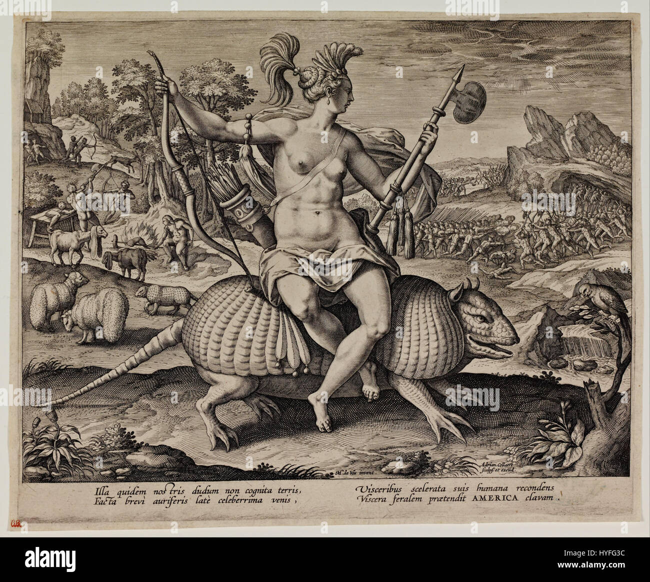 L'incisione di Adriaen Collaert intitolata "America" è una stampa del XVI secolo che personifica il nuovo mondo, mostrando la sua rappresentazione simbolica nell'arte europea. Foto Stock