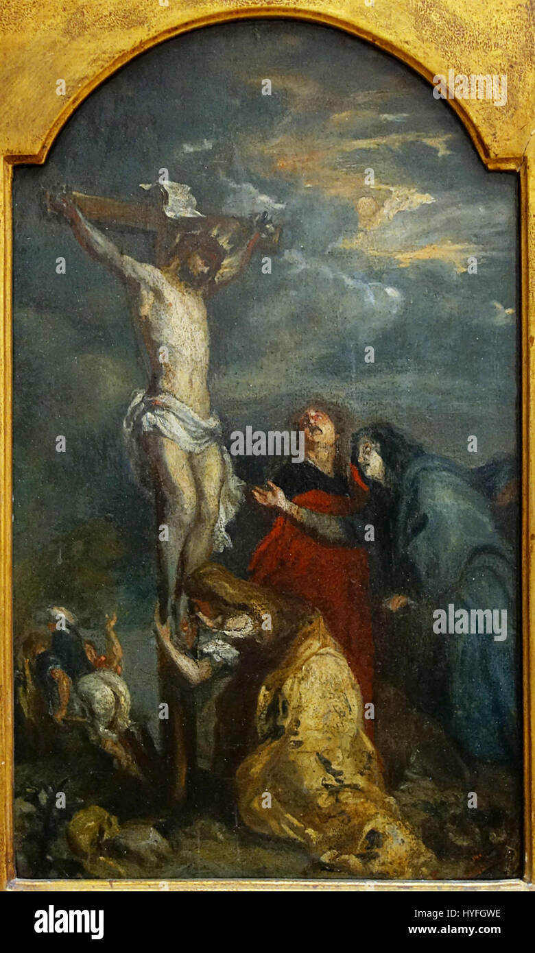 La "Crocifissione" di Carpeaux, ospitata nel Palais des Beaux-Arts di Lille (PdBA), è una potente rappresentazione della crocifissione di Cristo. La scultura è nota per la sua intensità emotiva e la dettagliata rappresentazione della sofferenza. Il lavoro di Carpeaux esemplifica lo stile drammatico della scultura francese del XIX secolo, catturando sia l'agonia fisica che la trascendenza spirituale. Foto Stock