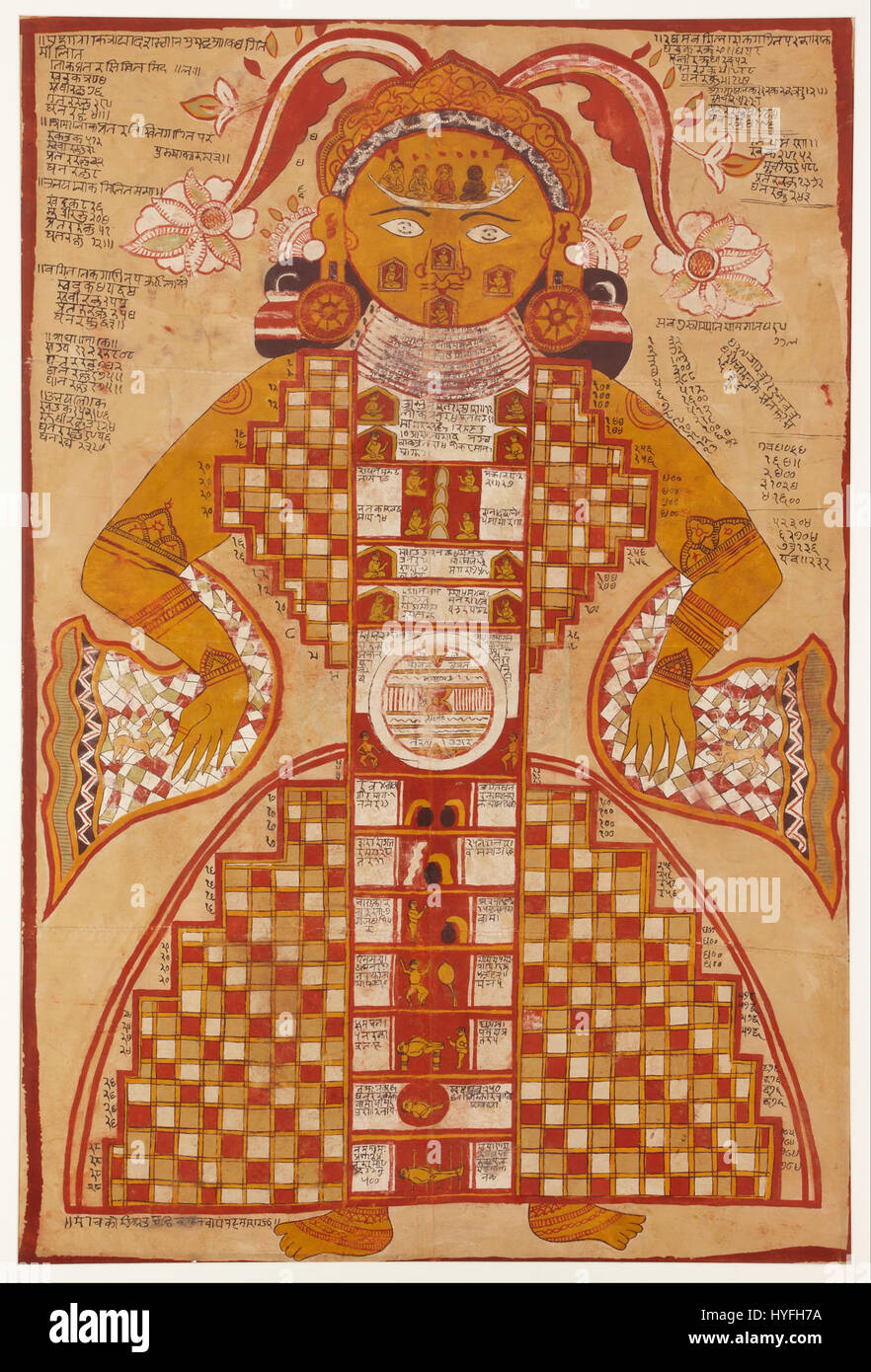 La pittura yantra è una forma d'arte sacra nell'induismo e nel buddismo, che utilizza intricati modelli geometrici per rappresentare le energie divine. Questi dipinti servono come strumenti meditativi, spesso caratterizzati da disegni simmetrici di divinità o simboli cosmici. Si ritiene che l'uso di linee e forme precise focalizzi la mente e aiuti alla contemplazione spirituale. Foto Stock