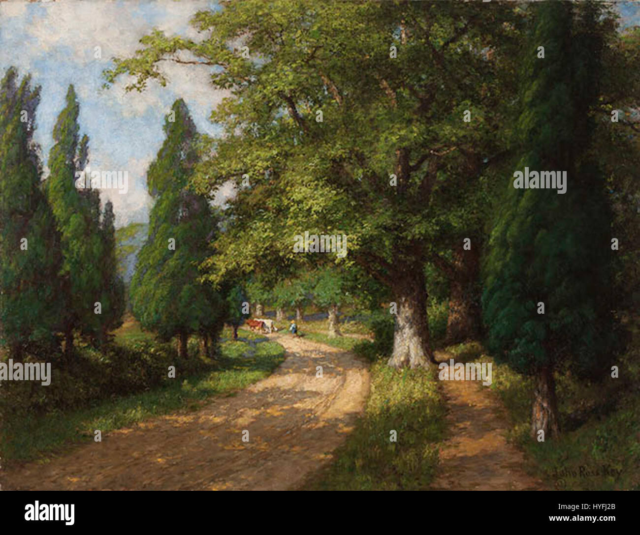 *Summertime on Chain Bridge Road* di John Ross Key è un dipinto di paesaggio americano che raffigura una tranquilla scena estiva lungo Chain Bridge Road a Washington, D.C. il lavoro cattura la bellezza naturale della zona, con vegetazione lussureggiante, panorami panoramici e un'atmosfera rilassata, riflettendo la maestria di Key nel ritrarre i paesaggi americani. Foto Stock