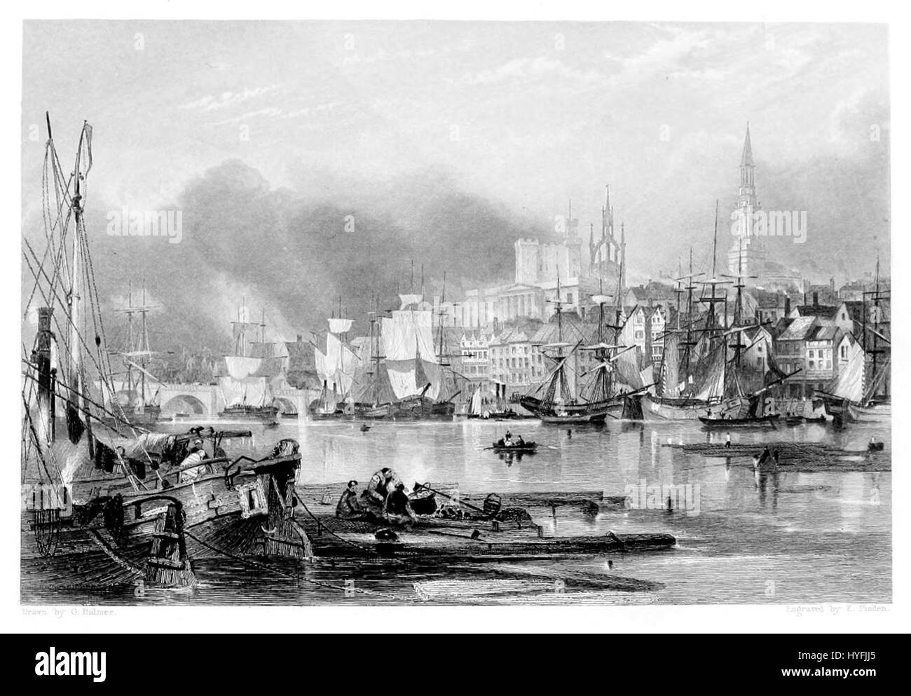 Questa immagine o opera probabilmente ritrae Newcastle upon Tyne, una città importante del Regno Unito, e può implicare un'incisione o un'illustrazione creata da Finden e Gutenburg. La scena enfatizza il significato storico o architettonico della città, probabilmente durante il XIX secolo, mostrando punti di riferimento o vedute urbane che evidenziano il ruolo di Newcastle nella cultura e nell'industria britannica. Foto Stock