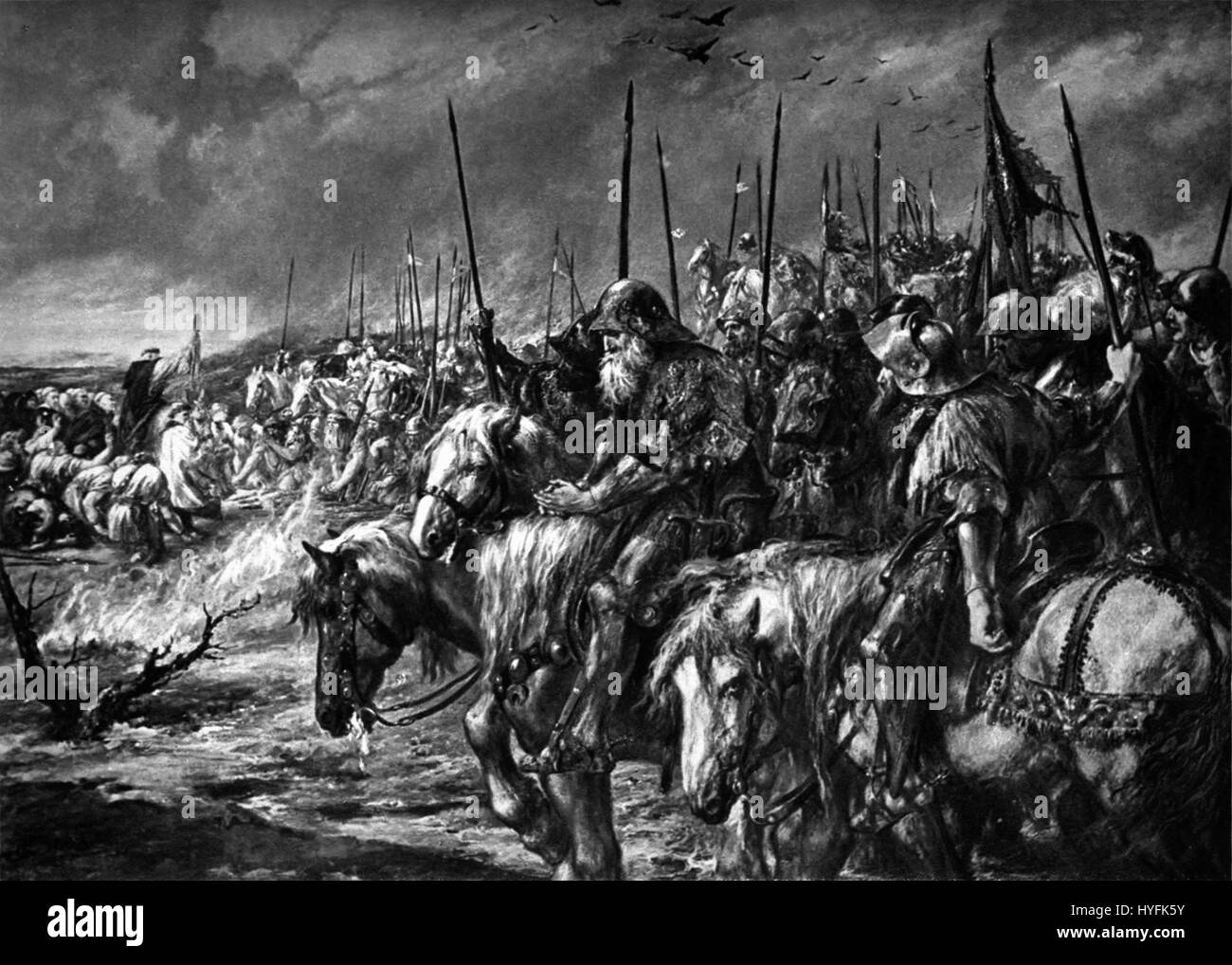 Il *The Morning at Agincourt* di John Gilbert raffigura la scena prima della famosa battaglia di Agincourt (1415), catturando la tesa attesa dell'esercito inglese sotto Enrico V all'inizio del XV secolo. Foto Stock Il *The Morning at Agincourt* di John Gilbert raffigura la scena prima della famosa battaglia di Agincourt (1415), catturando la tesa attesa dell'esercito inglese sotto Enrico V all'inizio del XV secolo. Foto Stock