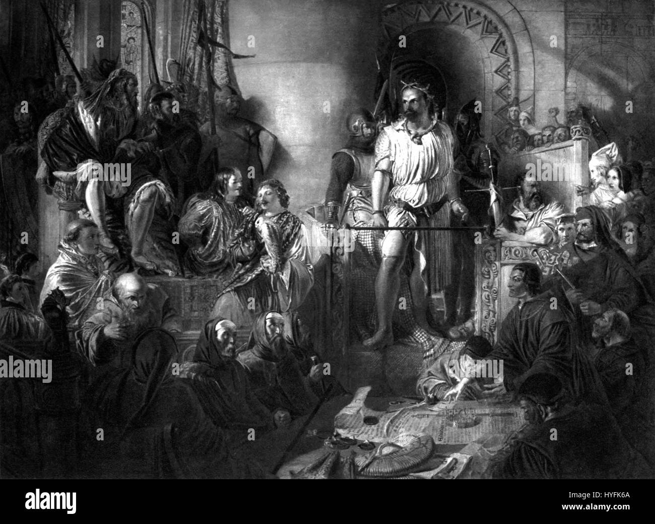 Questo dipinto di Daniel Maclise, R.A., ritrae il processo a Sir William Wallace, cavaliere e leader scozzese durante le Guerre d'indipendenza scozzesi. L'opera d'arte cattura un momento drammatico nella storia, concentrandosi sulla posizione ripugnante di Wallace contro la corte inglese. Il dipinto è un'importante rappresentazione del coraggio e della resistenza di Wallace durante un periodo cruciale nella storia scozzese. Foto Stock Questo dipinto di Daniel Maclise, R.A., ritrae il processo a Sir William Wallace, cavaliere e leader scozzese durante le Guerre d'indipendenza scozzesi. L'opera d'arte cattura un momento drammatico nella storia, concentrandosi sulla posizione ripugnante di Wallace contro la corte inglese. Il dipinto è un'importante rappresentazione del coraggio e della resistenza di Wallace durante un periodo cruciale nella storia scozzese. Foto Stock