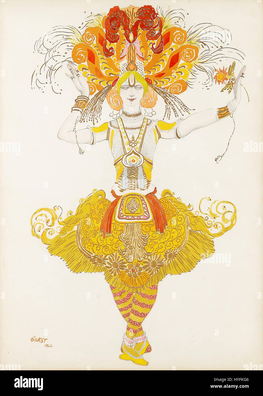 Leon Bakst, un rinomato pittore e designer russo, ha creato i costumi per il balletto *l'Oiseau de feu* (l'uccello di fuoco) nel 1922. I suoi disegni per la produzione, caratterizzati da colori audaci e motivi intricati, hanno contribuito in modo significativo all'estetica visiva del balletto, mettendo in evidenza le influenze popolari russe e i temi mitici della storia. Foto Stock