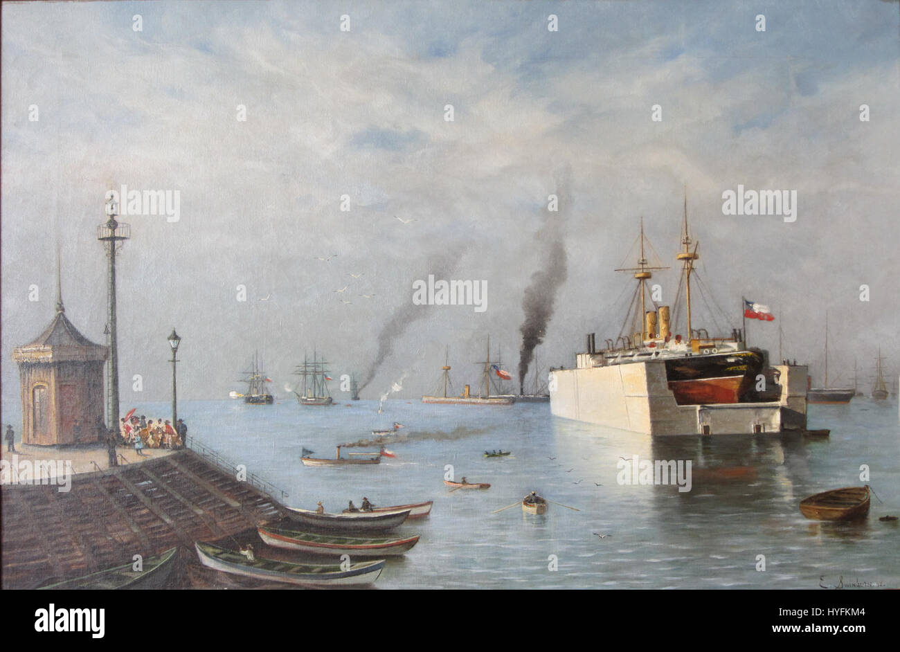 Il dipinto di Swinburn intitolato "Antiguo muelle Prat" raffigura il vecchio molo di Prat in Cile, mostrando la vivace scena portuale con navi, lavoratori e la vivace attività della zona. L'opera cattura l'essenza storica della storia marittima del Cile. Foto Stock