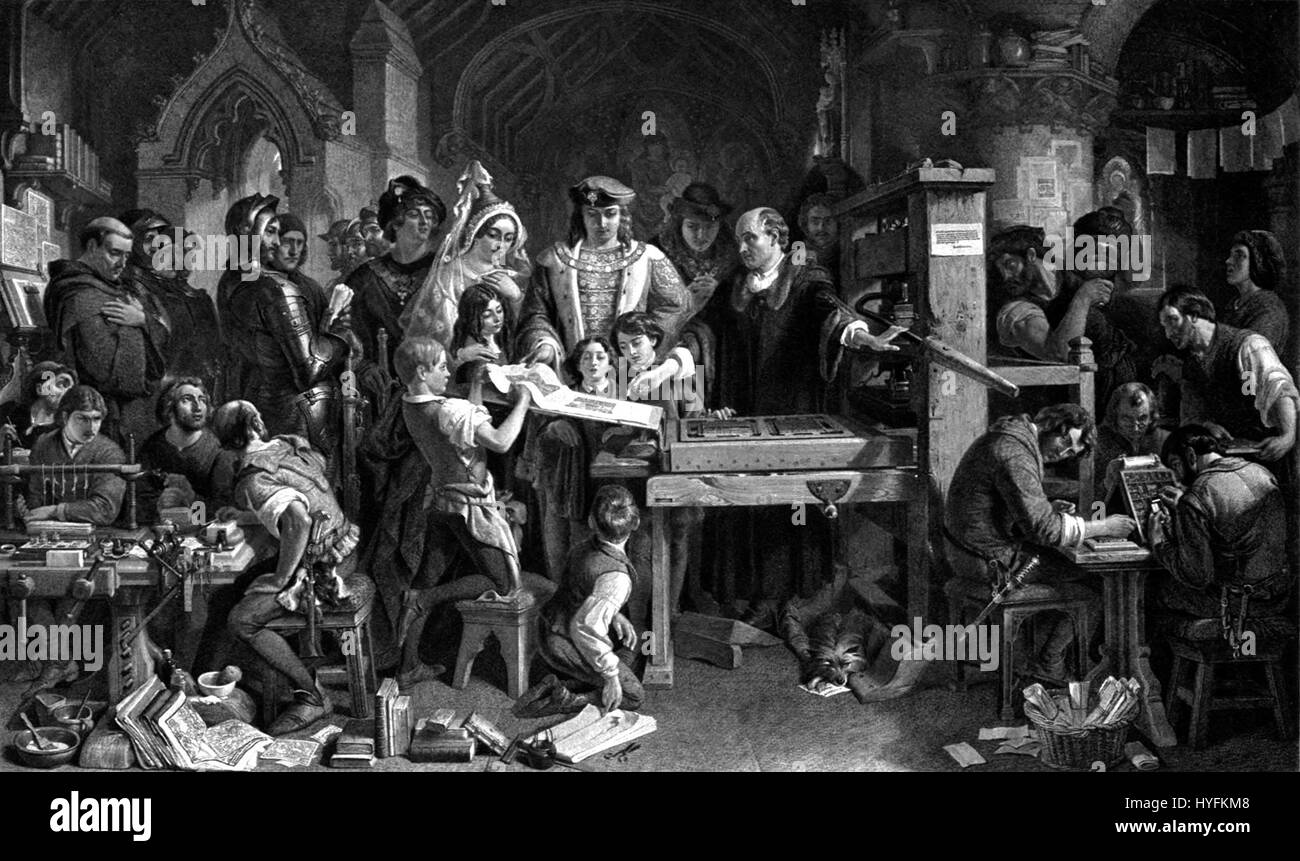 Il dipinto di Daniel Maclise ritrae il momento storico in cui William Caxton presentò il primo libro stampato a re Edoardo IV. La scena segna l'alba della rivoluzione della stampa in Inghilterra durante la fine del XV secolo. Foto Stock Il dipinto di Daniel Maclise ritrae il momento storico in cui William Caxton presentò il primo libro stampato a re Edoardo IV. La scena segna l'alba della rivoluzione della stampa in Inghilterra durante la fine del XV secolo. Foto Stock