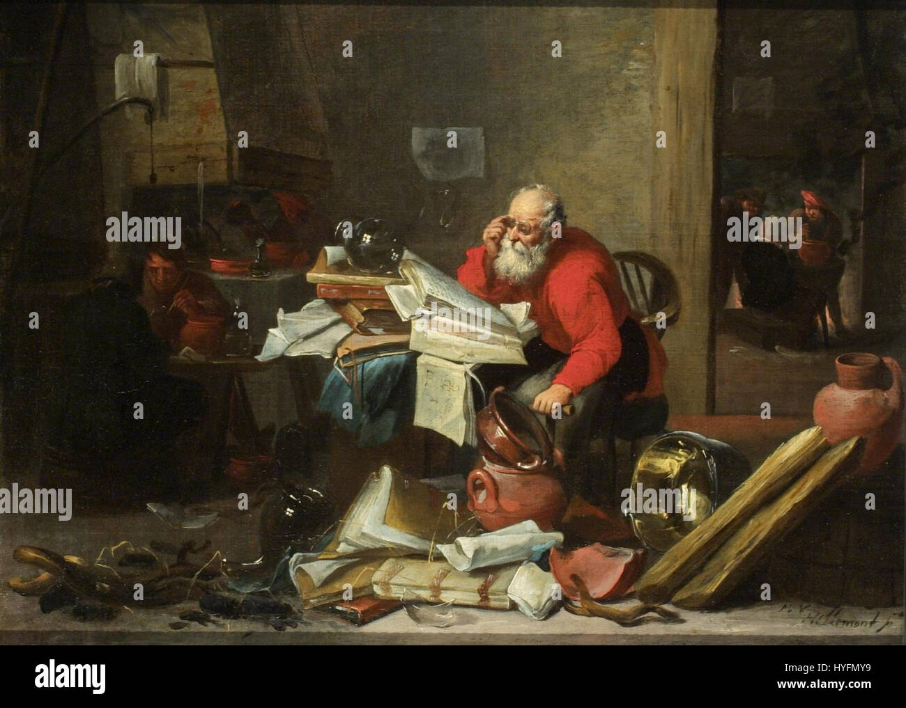 "L'alchimista" di Mattheus van Hellemont ritrae una figura impegnata nella pratica mistica e scientifica dell'alchimia. Il dipinto esplora temi di trasformazione, conoscenza e misteri del mondo materiale, comuni nell'arte europea del XVII secolo. Foto Stock