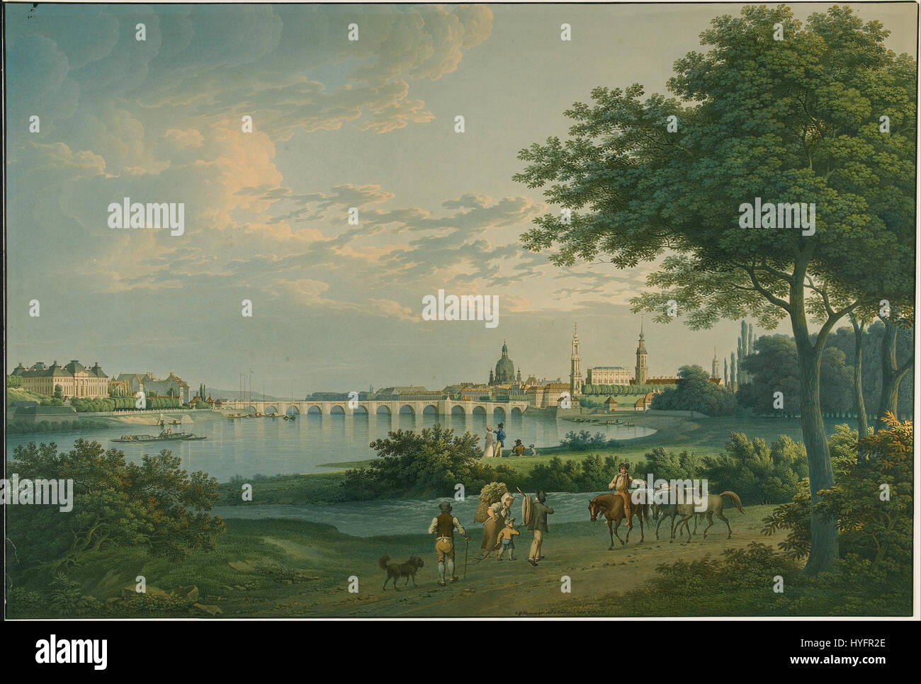 La "vista di Dresda" di Christian Gottlieb Hammer è un dipinto di paesaggio che mostra la bellezza architettonica e il paesaggio di Dresda. Il rendering dettagliato di Hammer cattura lo skyline storico della città e i suoi dintorni. Foto Stock