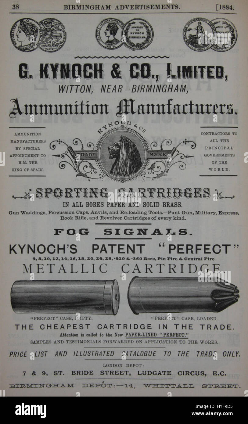 Kelly's Directory di 1884 presenta un annuncio pubblicitario per Kynoch Ammunition. Kynoch, un importante produttore britannico, era noto per la sua produzione di munizioni di alta qualità. Questa pubblicità riflette i progressi industriali e militari del tempo. Foto Stock