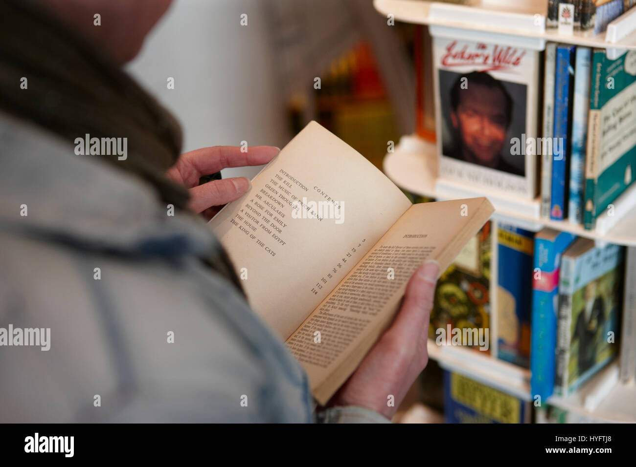 Persona la lettura di un libro in un book shop, Book Festival, Laugharne Foto Stock