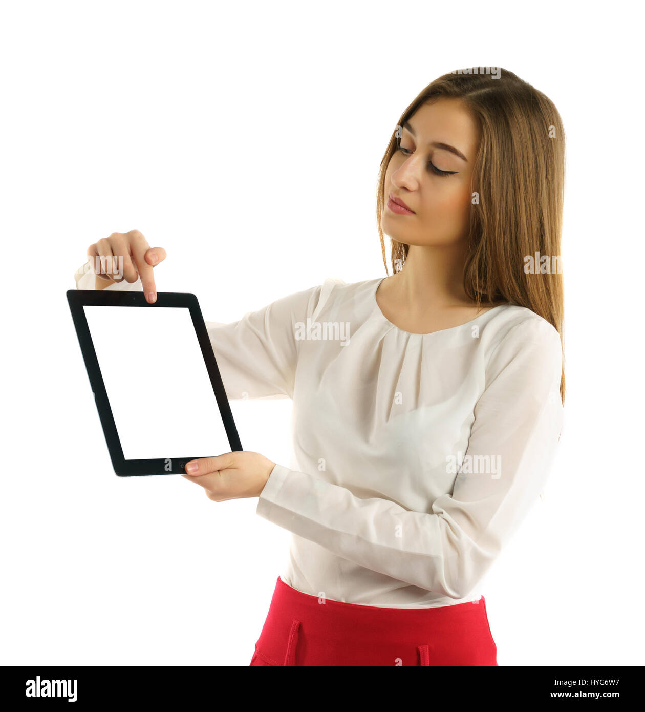 Piuttosto giovane ragazza dello studente che Mostra schermata di un tablet pc Foto Stock