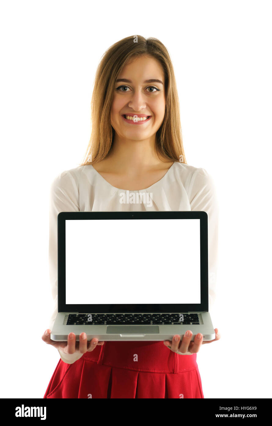Bella ragazza dello studente con il computer portatile isolato su bianco Foto Stock