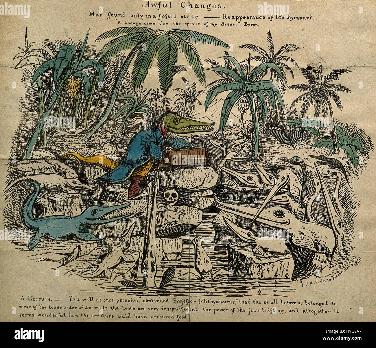 Gli ittiosauri che partecipano a una conferenza sui resti umani fossili sono un'illustrazione giocosa o educativa che combina le creature preistoriche, gli ittiosauri, con il concetto moderno di lezioni scientifiche e di studio dei fossili. Foto Stock