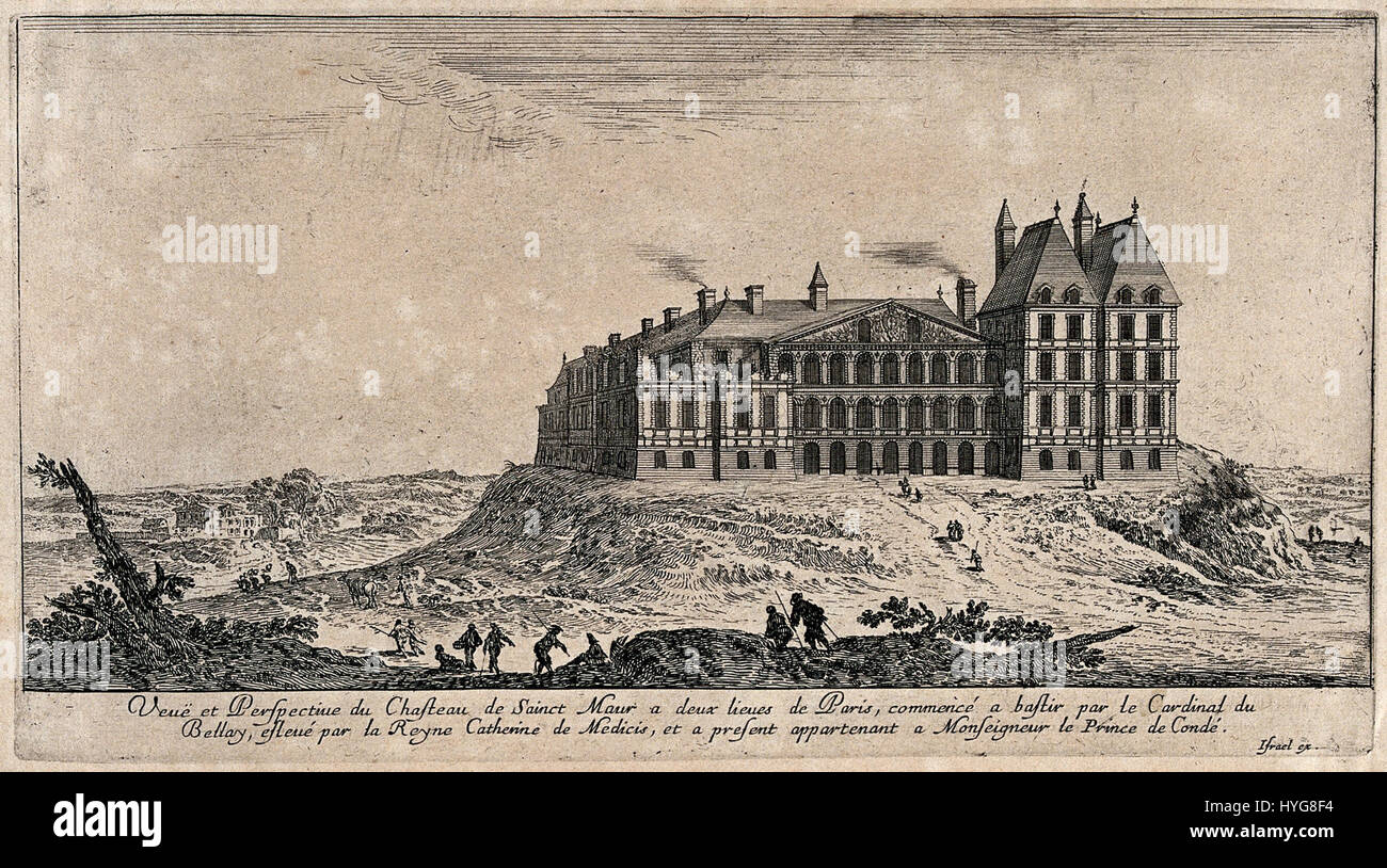 Questa incisione raffigura il castello di Saint Maur, situato vicino a Parigi, che mostra le caratteristiche architettoniche di questa struttura storica durante il XVIII secolo. Foto Stock