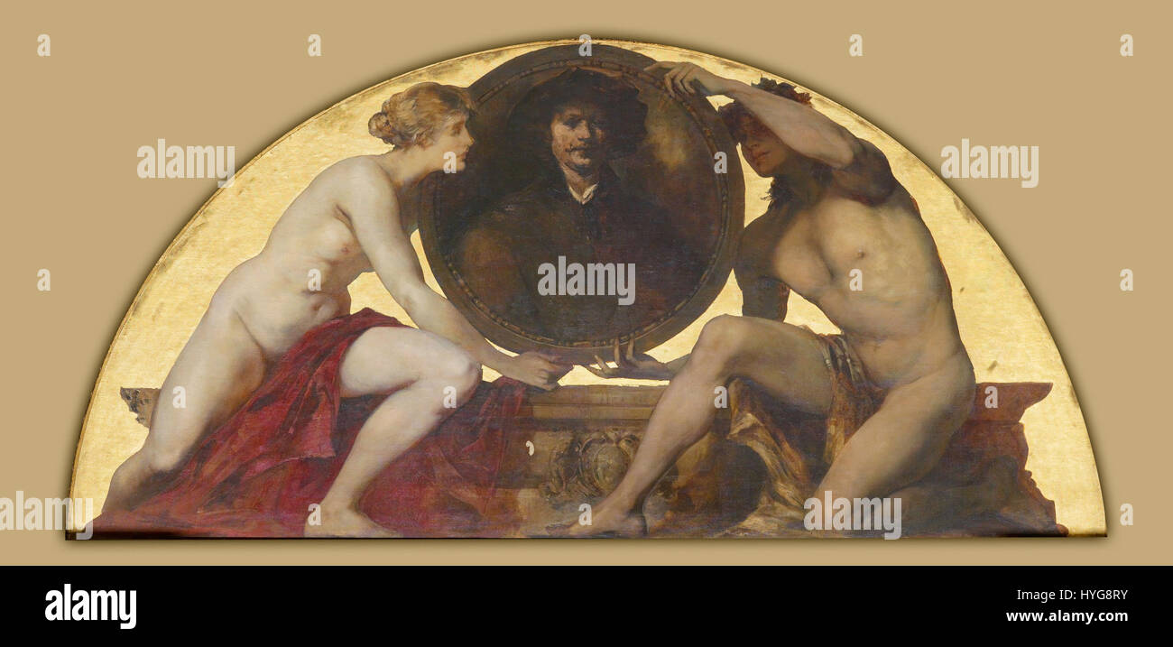 La rappresentazione di Rembrandt Harmenszoon van Rijn di Hans Makart mostra il famoso maestro olandese in una posa caratteristica. Il dipinto enfatizza il significato storico e lo stile artistico di Rembrandt, mescolando realismo con luci drammatiche. Foto Stock