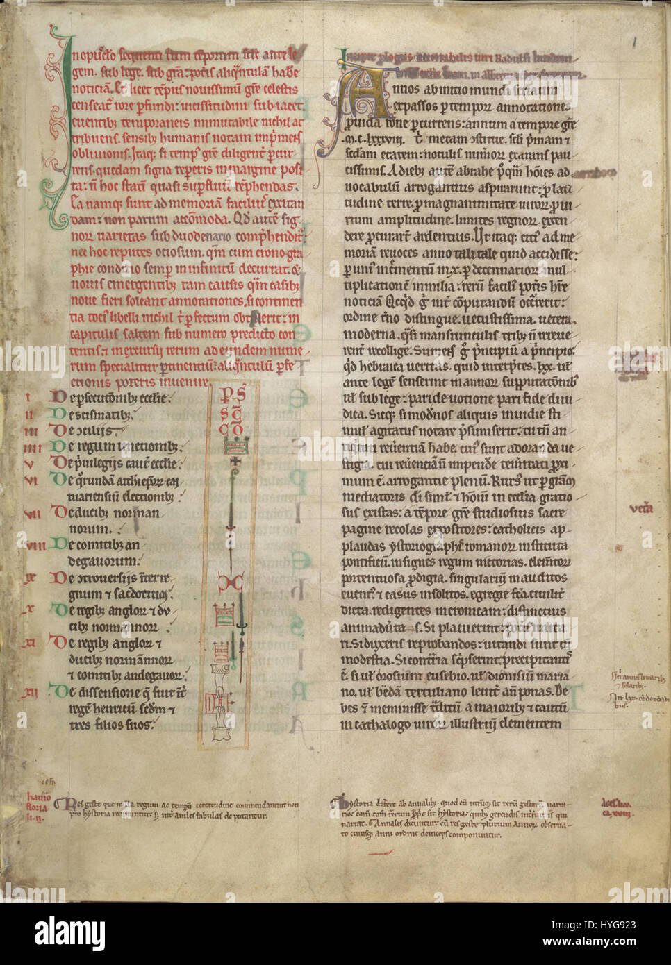 La pagina di apertura delle opere storiche di Riccardo da Diceto, datata intorno al 1204, presenta una tavola di segni in questo manoscritto. È un importante esempio di scrittura storica medievale e di illuminazione dei manoscritti. Foto Stock