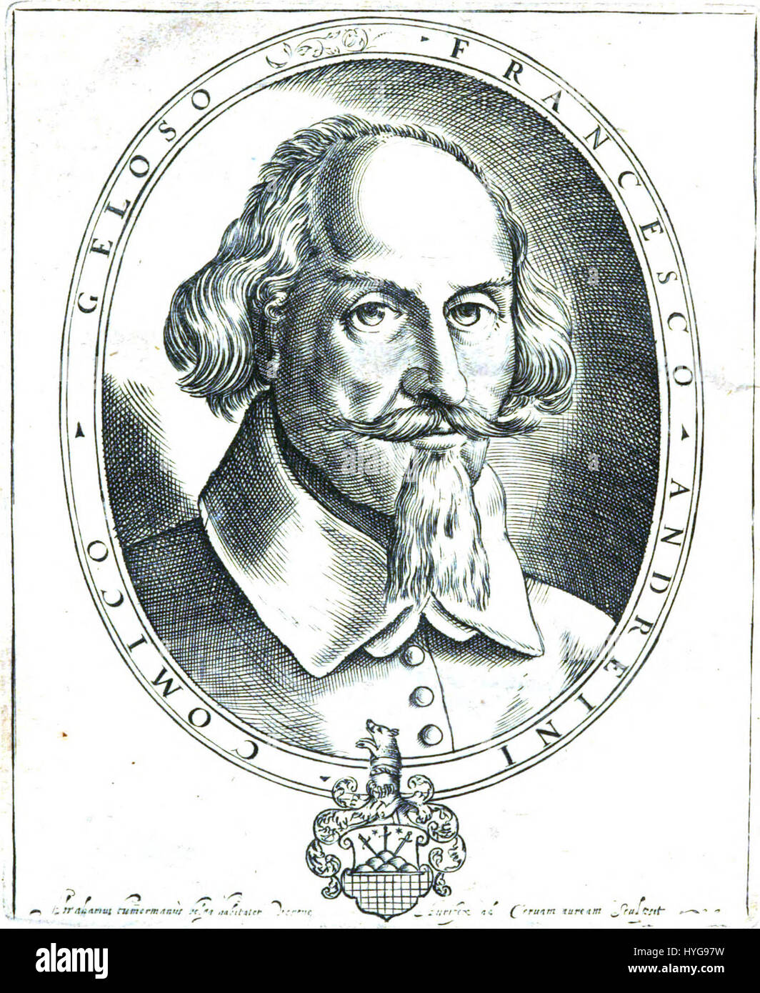 Francesco Andreini, inciso ritratto da Le Bravure del Capitano Spavento 1624 Google Ricerca Libri 2013 Foto Stock