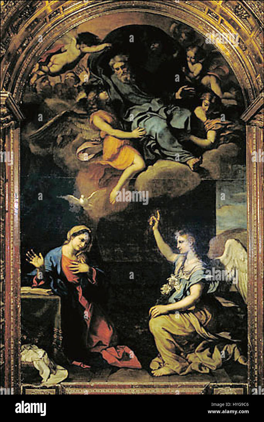 L'Annunciazione Cavaillon di Nicolas Mignard ritrae la scena biblica dell'angelo Gabriele che annuncia alla Vergine Maria che concepirà il figlio di Dio. Il dipinto enfatizza lo stile barocco, con luci drammatiche ed espressioni emotive. Foto Stock