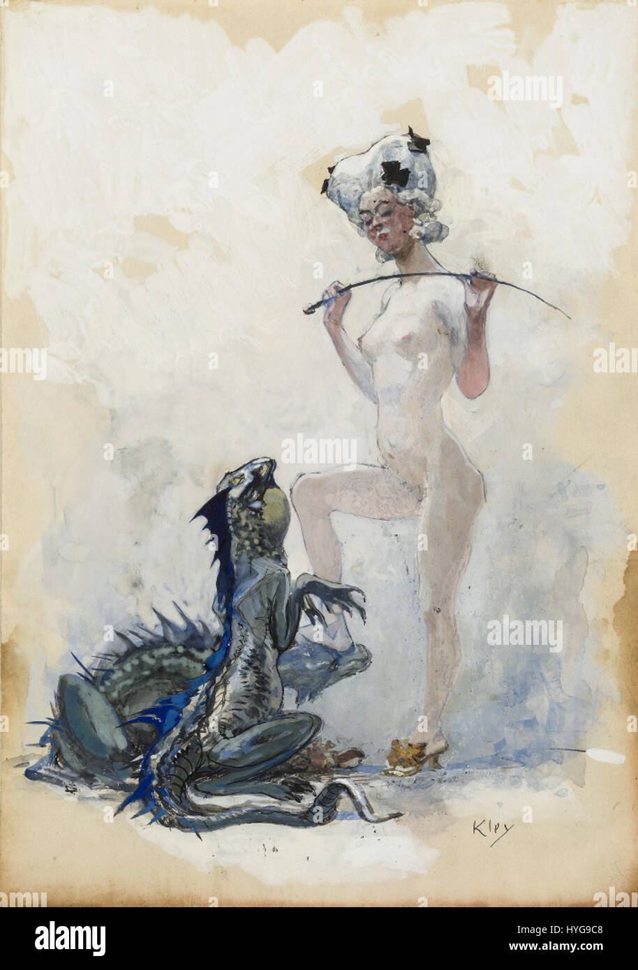Die Dompteuse recto di Heinrich Kley raffigura una donna che domina il leone in una posa dinamica. Il disegno enfatizza l'approccio unico di Kley agli studi di figura, mostrando la sua padronanza nel catturare il movimento e l'intensità drammatica attraverso forme esagerate ed espressioni vivaci. Foto Stock