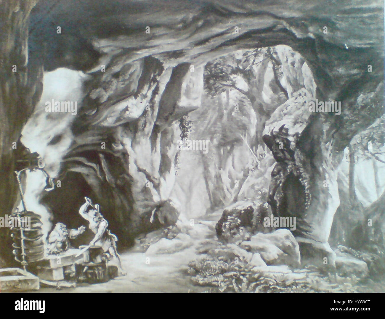 L'opera di Victor Angerer «Mimes Hohle di Josef Hoffmann» si riferisce probabilmente a un'interpretazione o un design artistico legati alle opere architettoniche o artistiche di Josef Hoffmann, che mostra una combinazione di elementi modernisti e decorativi. Foto Stock