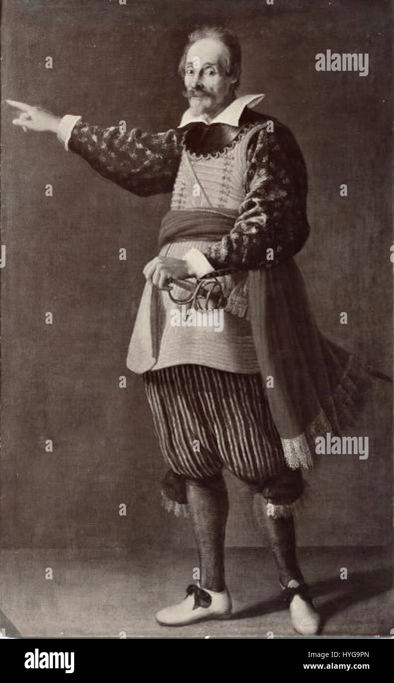 Un ritratto di Francesco Andreini vestito da Capitano Spavento, presente nella collezione Viilandry Fondazione Federico Zeri. Il dipinto mette in mostra il costume teatrale e la posa drammatica del personaggio, tipici delle rappresentazioni della Commedia dell'Arte. Foto Stock