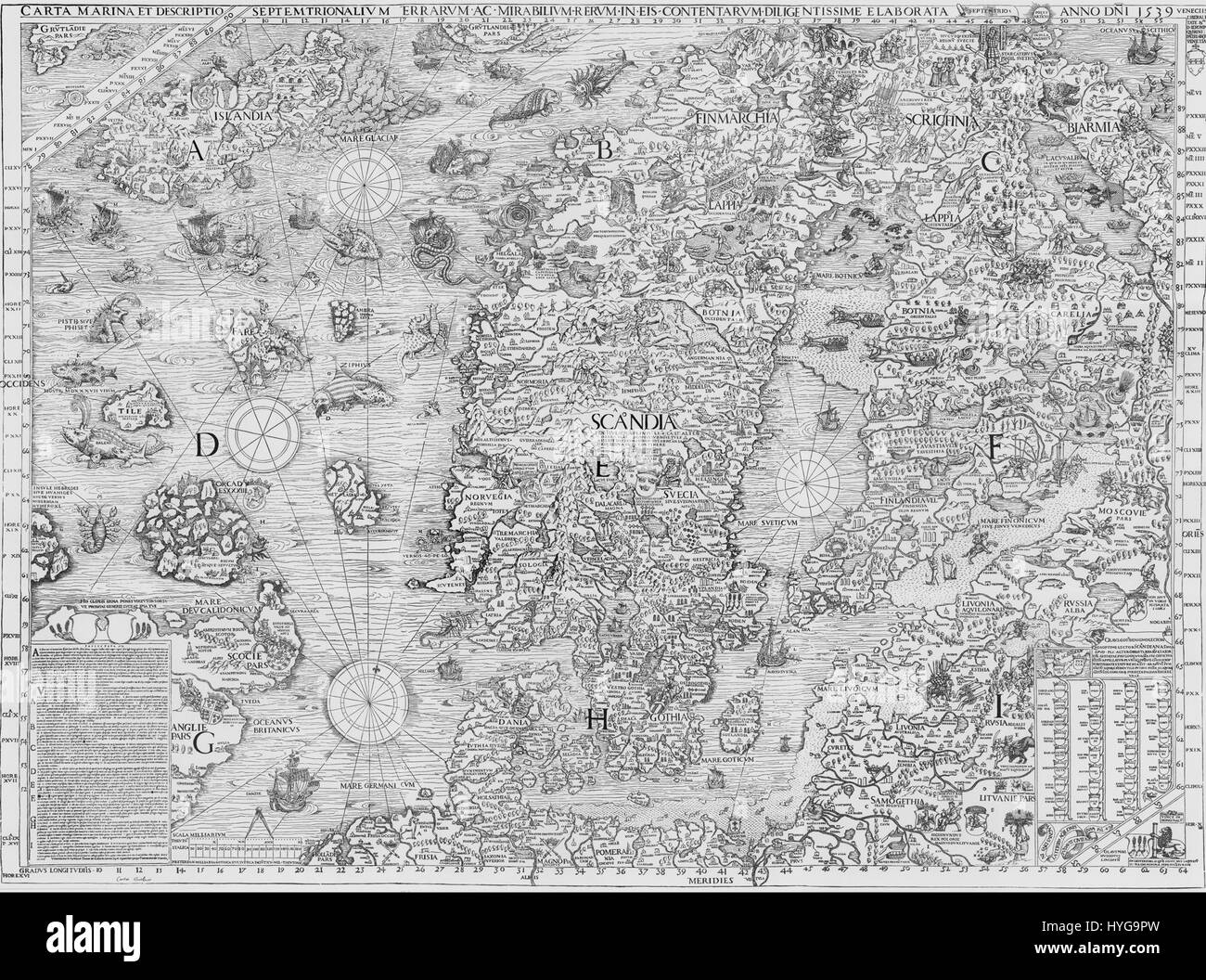 Una mappa storica conosciuta come carta Marina, che mostra l'Europa settentrionale, in particolare la Scandinavia, con dettagliate informazioni cartografiche del XVI secolo. Foto Stock
