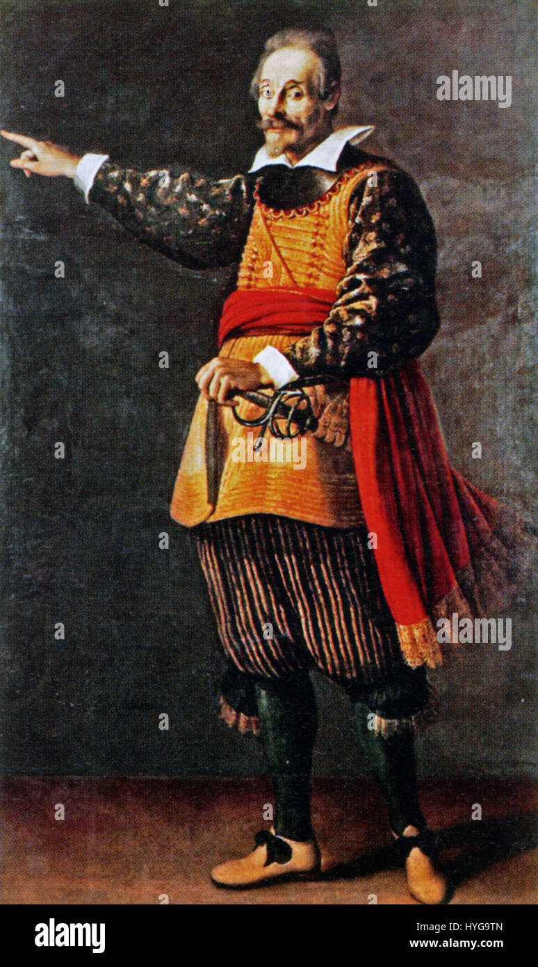 Questo ritratto raffigura Francesco Andreini vestito da Capitano Spavento Ferrone, un personaggio della Commedia dell'Arte italiana. L'immagine riflette la tradizione storica e teatrale della rappresentazione italiana, ritraendo il carattere drammatico in vividi dettagli. Foto Stock