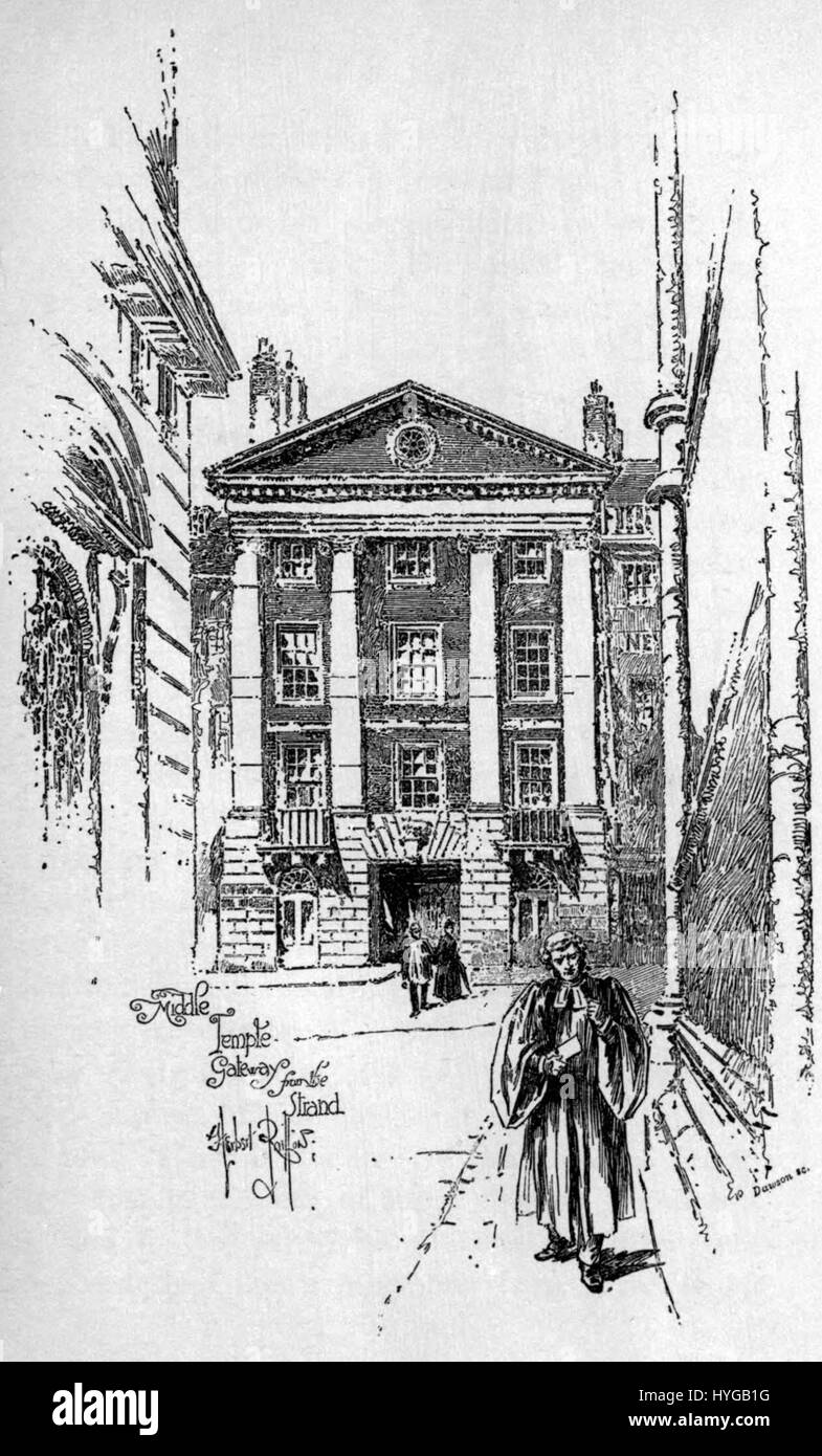 La rappresentazione di Herbert Railton del Middle Temple Gateway from the Strand mostra l'architettura storica di Londra. Questa opera d'arte si concentra sul design iconico del gateway, catturandone la struttura dettagliata e l'ambiente circostante del periodo. Foto Stock