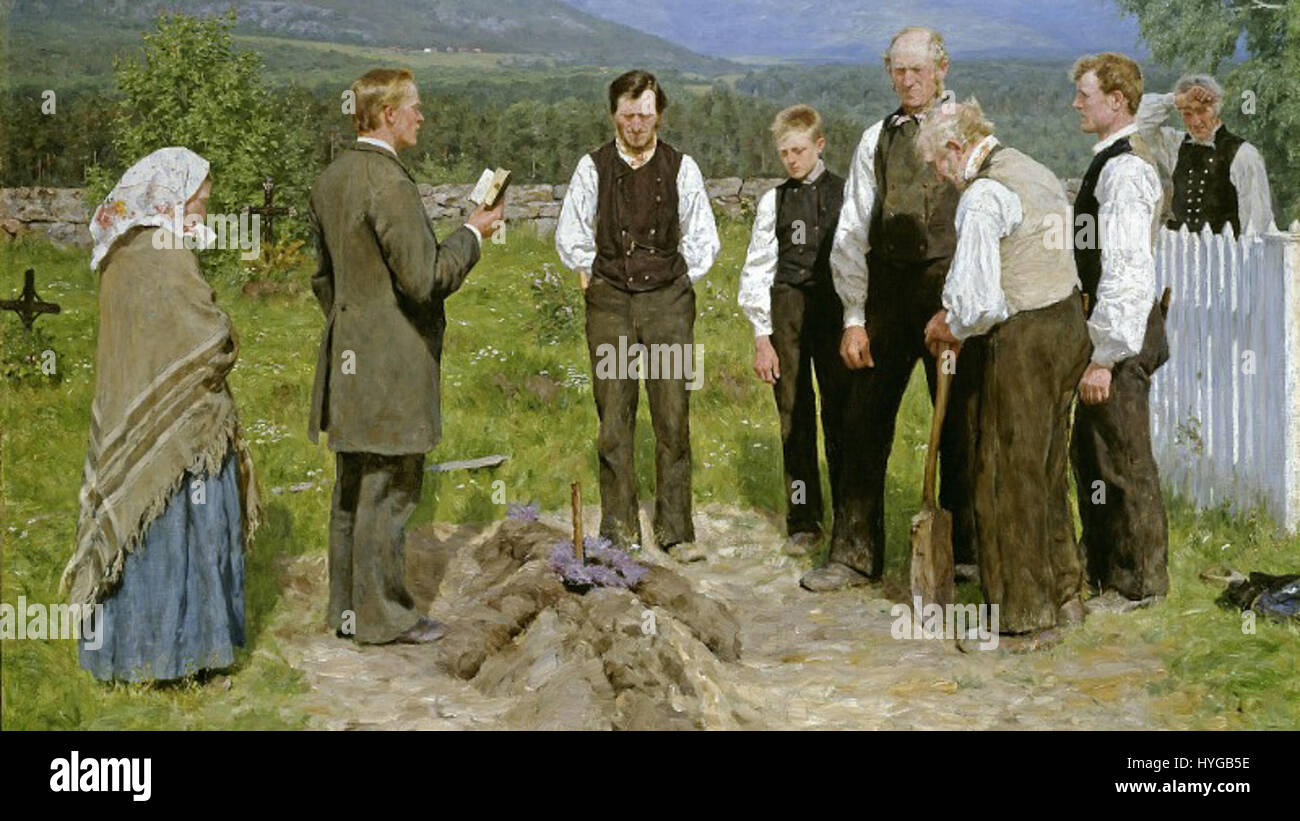 La "Bondebegravelse" (sepoltura degli agricoltori) di Erik Werenskiold è una rappresentazione toccante di una scena funeraria rurale in Norvegia, che riflette l'attenzione dell'artista sulla vita e i costumi tradizionali norvegesi. Il dipinto è ospitato al Nasjonalmuseet di Oslo. Foto Stock