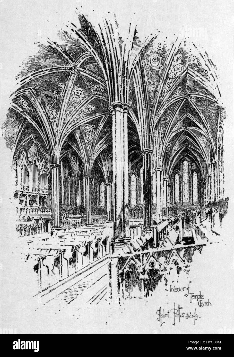 *Interno della Temple Church* di Herbert Railton raffigura l'interno della storica Temple Church di Londra, rinomata per la sua architettura medievale e il suo significato storico. Il dipinto mette in risalto la grandiosità e l'intricato design degli interni della chiesa. Foto Stock