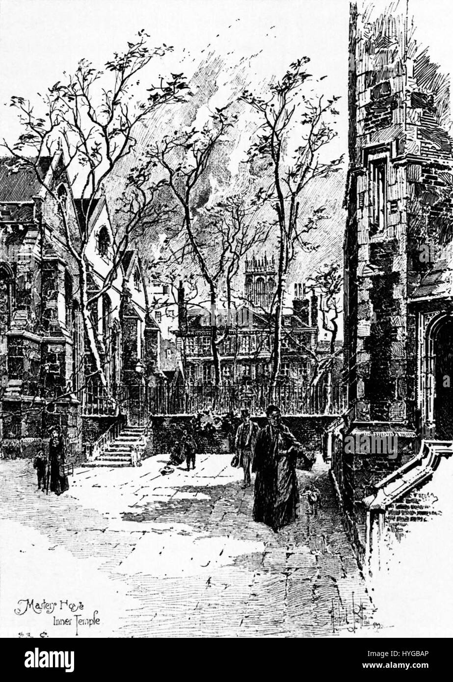 La "Casa del Maestro dal Tempio interno" di Herbert Railton raffigura una vista dello storico Tempio interno di Londra, concentrandosi sui dettagli architettonici e sull'ambiente circostante. La scena cattura la grandezza dell'edificio, riflettendo lo stile architettonico di Railton con linee precise e attenzione alla precisione storica. Foto Stock