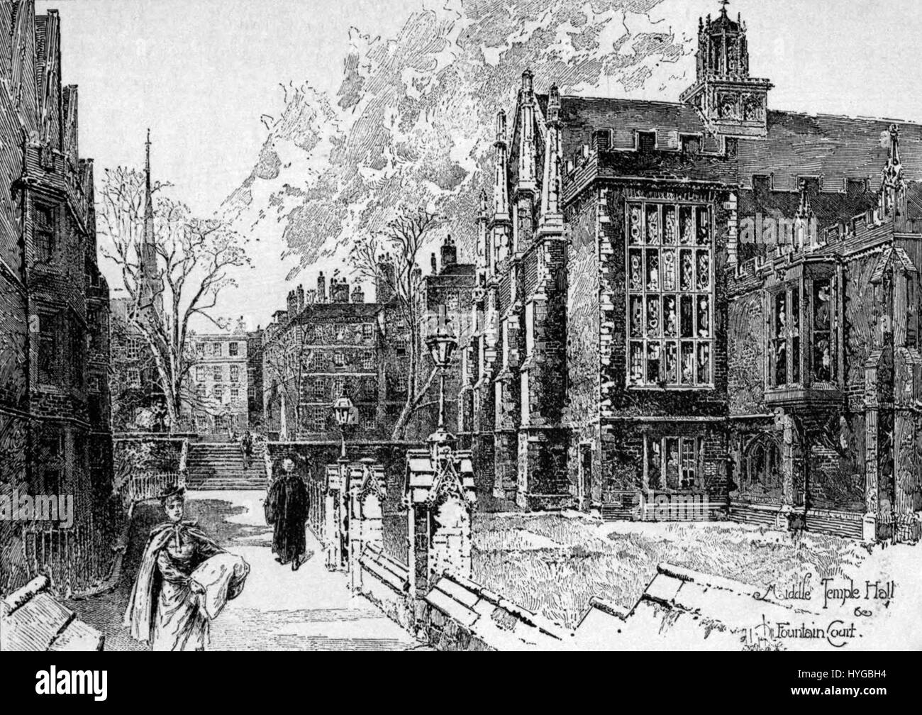 Il dipinto di Herbert Railton della Middle Temple Hall e della Fountain Court cattura l'architettura e l'atmosfera di questo sito storico. L'opera sottolinea i dettagli architettonici e l'ambiente sereno di questi famosi monumenti di Londra. Foto Stock