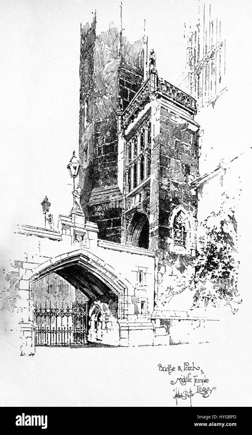 La rappresentazione di Herbert Railton del "Bridge and Porch of Middle Temple Library" mostra la sua abilità nel catturare dettagli architettonici e scene storiche. Il dipinto enfatizza l'intricato design del ponte e del portico della biblioteca, offrendo una vista storica del quartiere legale di Londra. Foto Stock