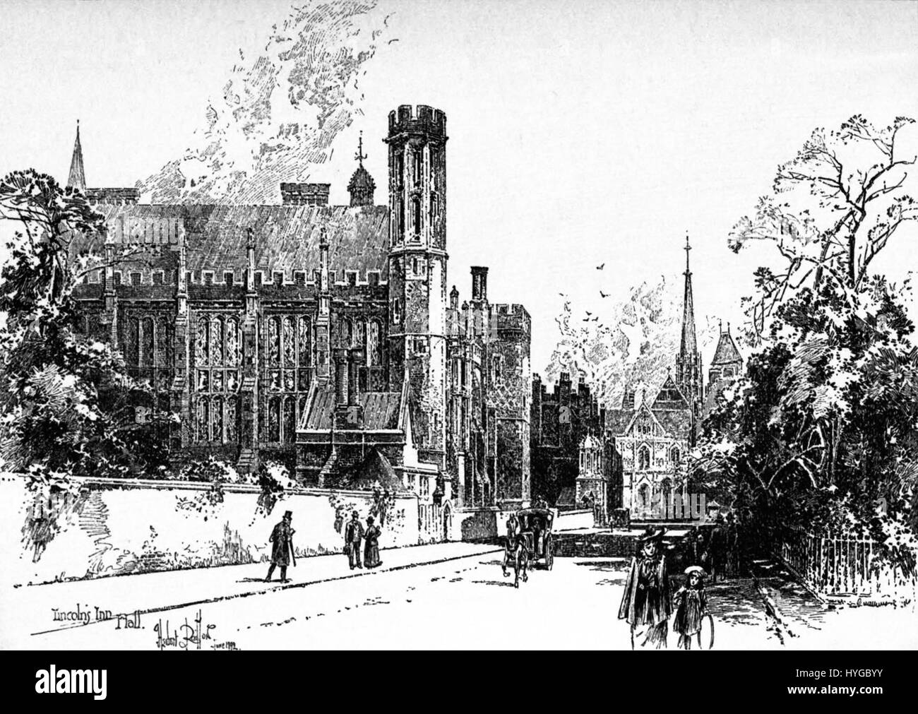 La rappresentazione di Herbert Railton della Lincoln's Inn Library and Hall, che mostra l'architettura e il significato storico di questa importante istituzione legale di Londra. Foto Stock
