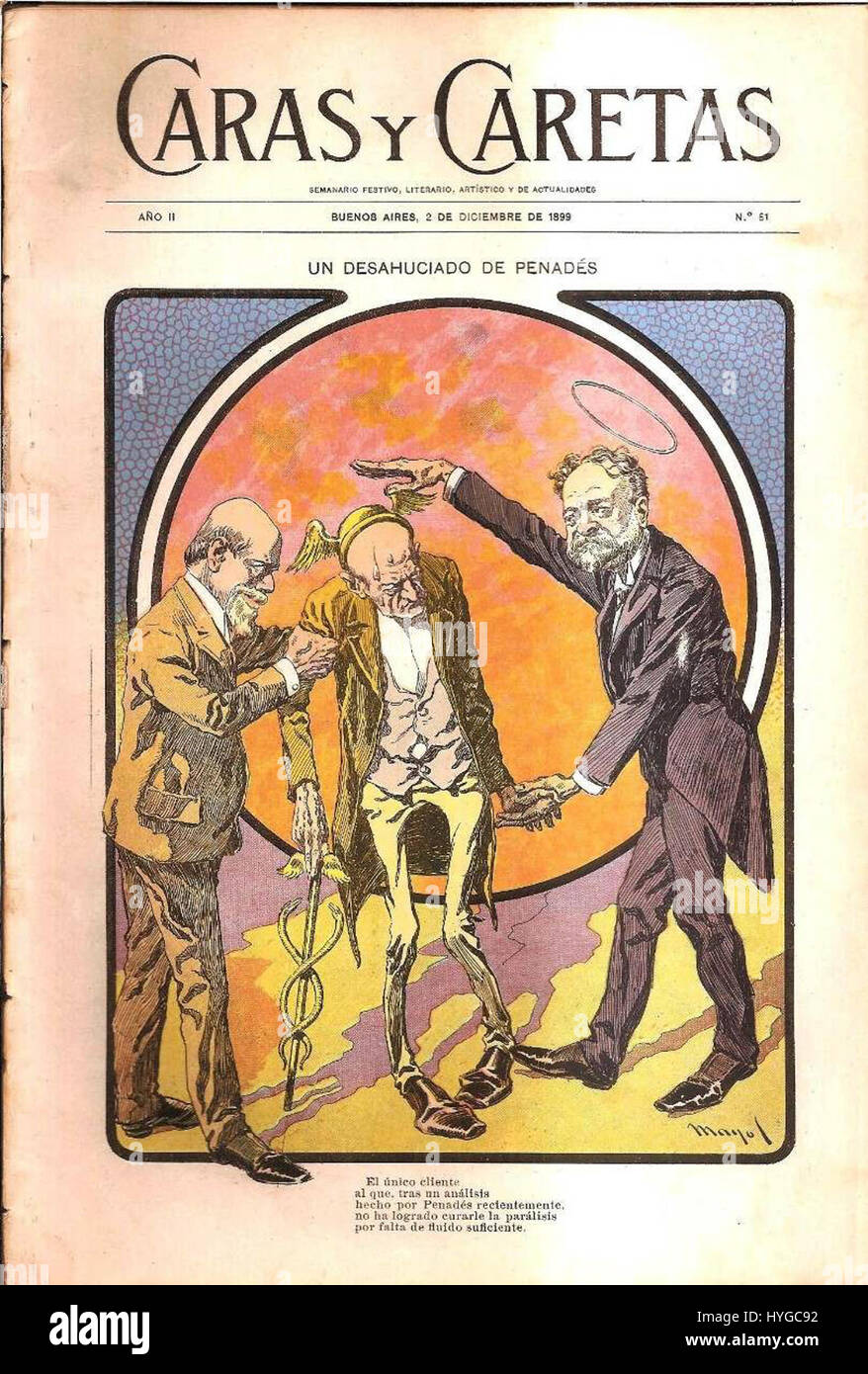"Caras y Caretas" era una rivista argentina nota per le sue illustrazioni satiriche. Il numero 61 si riferisce probabilmente a una pubblicazione specifica piena di vignette umoristiche e politiche, che criticano la società e la politica argentina all'epoca. Foto Stock