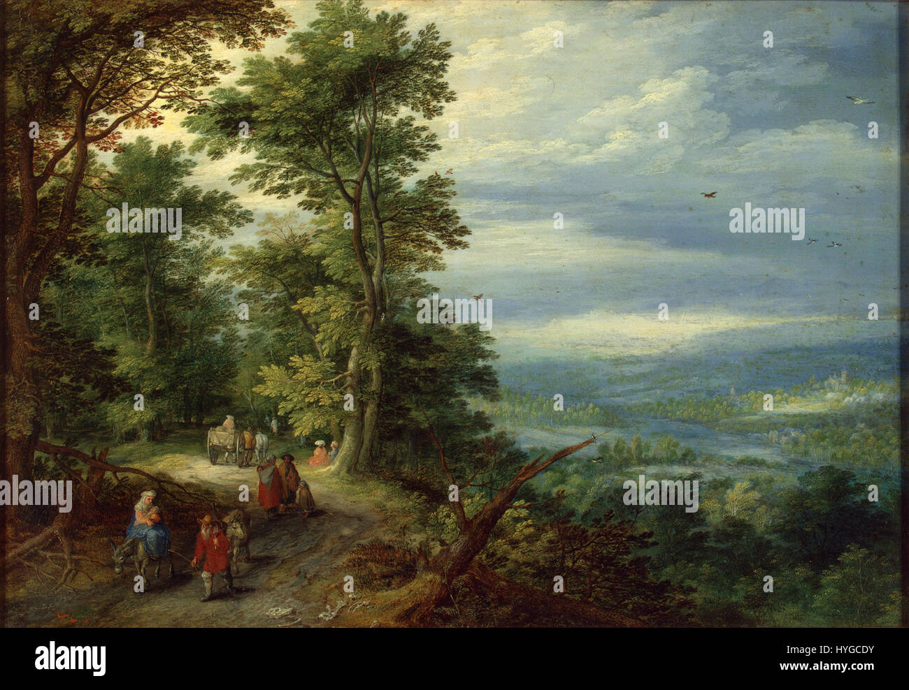 "La fuga in Egitto" di Jan Brueghel il Vecchio è un dipinto religioso che raffigura la fuga della Sacra famiglia in Egitto. Questa opera del XVII secolo presenta i paesaggi dettagliati di Brueghel e gli elementi religiosi simbolici. Foto Stock