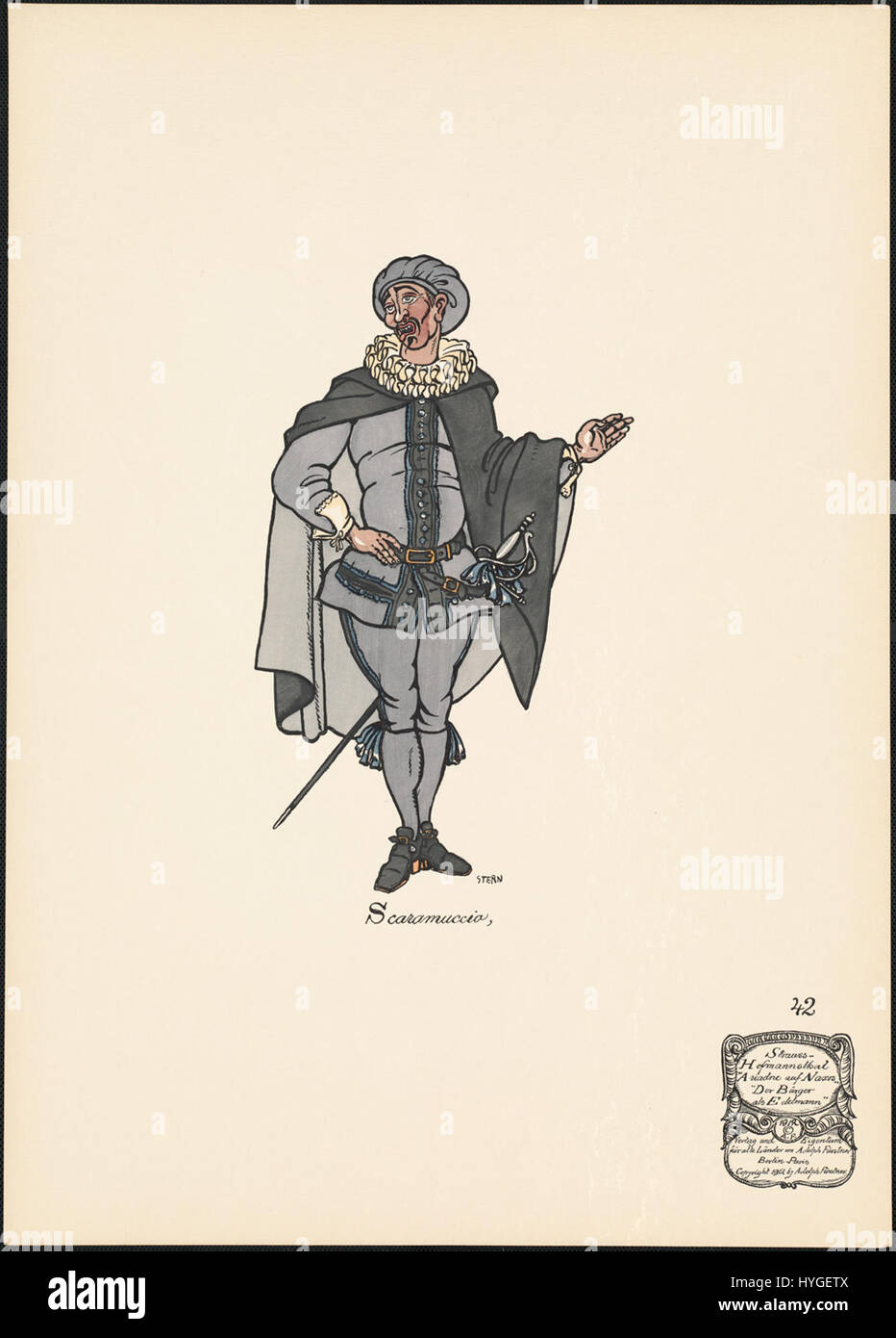 Un ritratto di Scaramuccio, un personaggio italiano nella tradizione della commedia dell'arte, presente nella collezione della Boston Public Library, che riflette la storia teatrale dell'Italia rinascimentale. Foto Stock