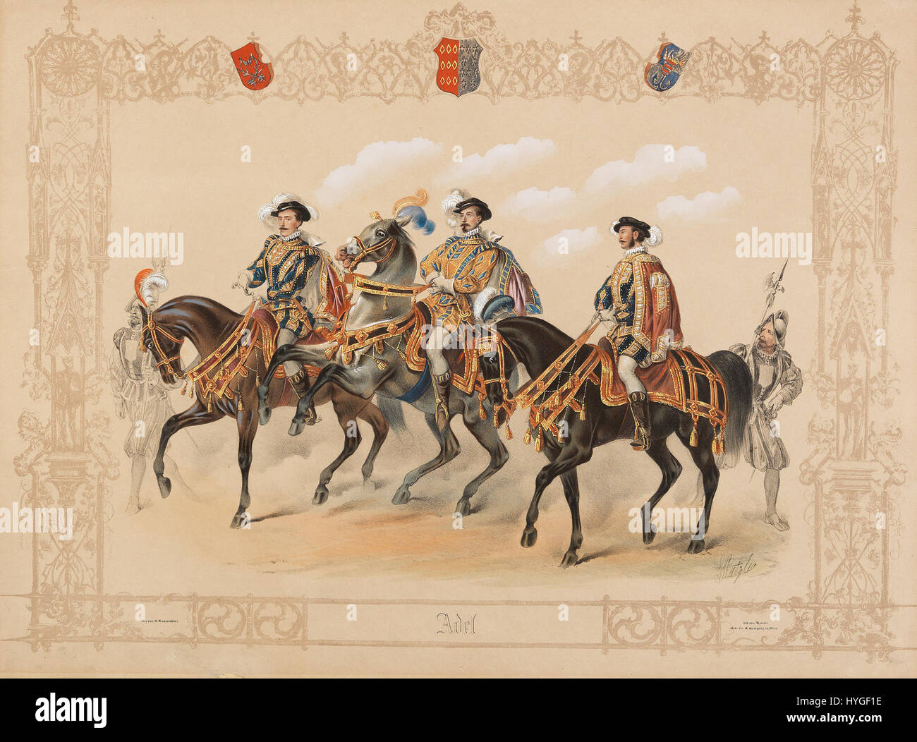 Il "Prager Caroussel von 1854" raffigura rappresentanti nobili a cavallo, celebrando la tradizione della pageanteria equestre nell'Europa del XIX secolo. Le opere d'arte evidenziano l'importanza della nobiltà e il loro ruolo nelle esposizioni cerimoniali. Foto Stock