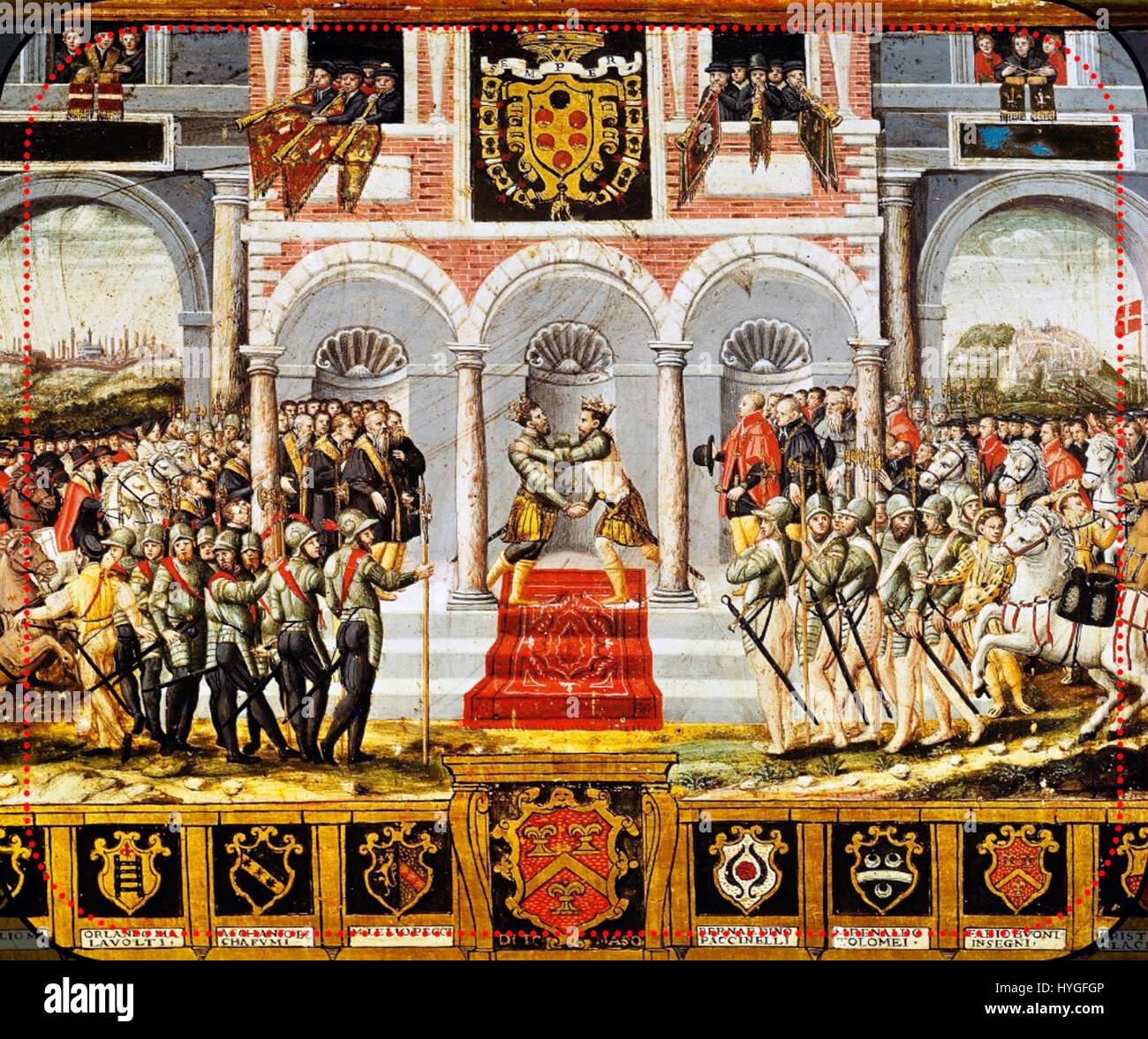 Il trattato di Cateau-Cambrésis, firmato nel 1559, pose fine alle guerre d'Italia tra Francia e Spagna. Ha segnato un cambiamento significativo nelle dinamiche di potere europee, consolidando il dominio asburgico sull'Italia e indebolendo l'influenza francese nella regione. Foto Stock