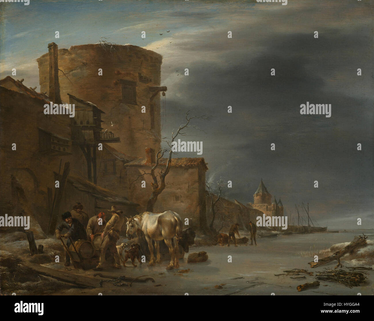 "Stadswal van Haarlem in de Winter" (mura cittadine di Haarlem in inverno) è un dipinto di paesaggio invernale che mostra le mura cittadine di Haarlem durante i mesi più freddi. L'opera mette in mostra la tradizione artistica olandese della pittura paesaggistica, concentrandosi sul contrasto tra la città e la natura. Foto Stock