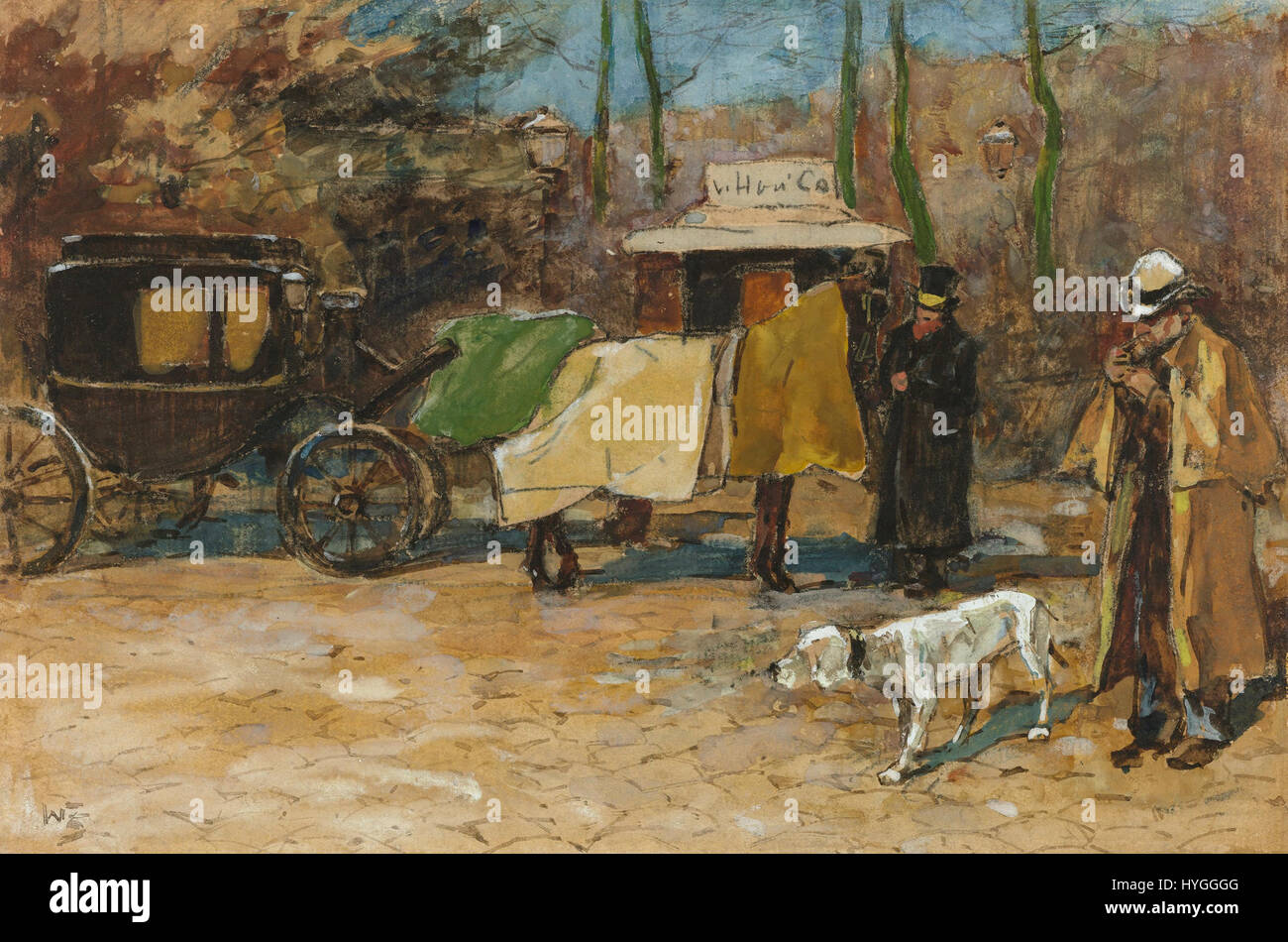 Il "Wachtend rijtuig in een Park" di Willem de Zwart (carrozza in attesa in un parco) è una rappresentazione serena di una carrozza trainata da cavalli parcheggiata in un parco lussureggiante. Il dipinto mette in risalto l'atmosfera tranquilla e l'elegante ambiente naturale tipico dei paesaggi del XIX secolo. Foto Stock