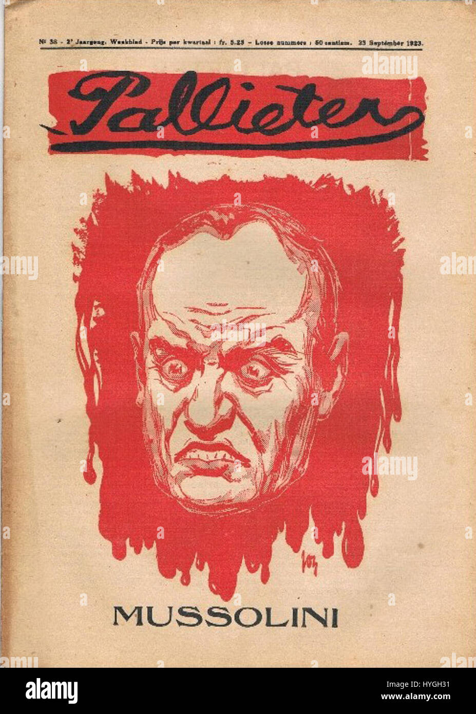 Questa prima pagina dell'edizione 1923 della rivista belga "Weekblad Pallieter" presenta Benito Mussolini, un'importante figura politica dei primi anni del XX secolo. L'ascesa al potere di Mussolini è illustrata nel contesto della politica europea dell'epoca. Foto Stock
