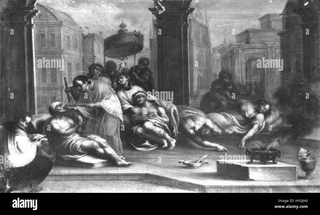 Questo dipinto di Martin Fuchs raffigura San Carlo Borromeo in visita ai malati. La scena religiosa evidenzia la compassione e l'impegno di Borromeo ad aiutare i malati, riflettendo il suo ruolo di riformatore cattolico durante la Controriforma. Foto Stock