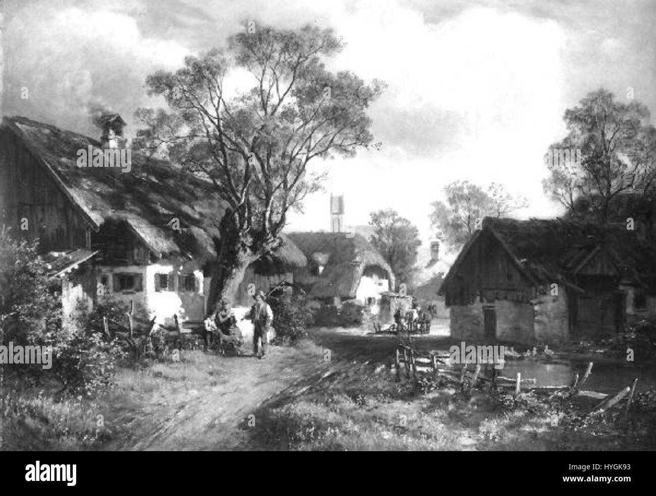 "Vesnicka partie u Mnichova" di Ludwig Correggio, dipinto nel 1846, raffigura una scena rurale nel villaggio vicino a Monaco. Il pezzo cattura la semplicità e la tranquillità della vita cittadina nella Baviera del XIX secolo. Foto Stock