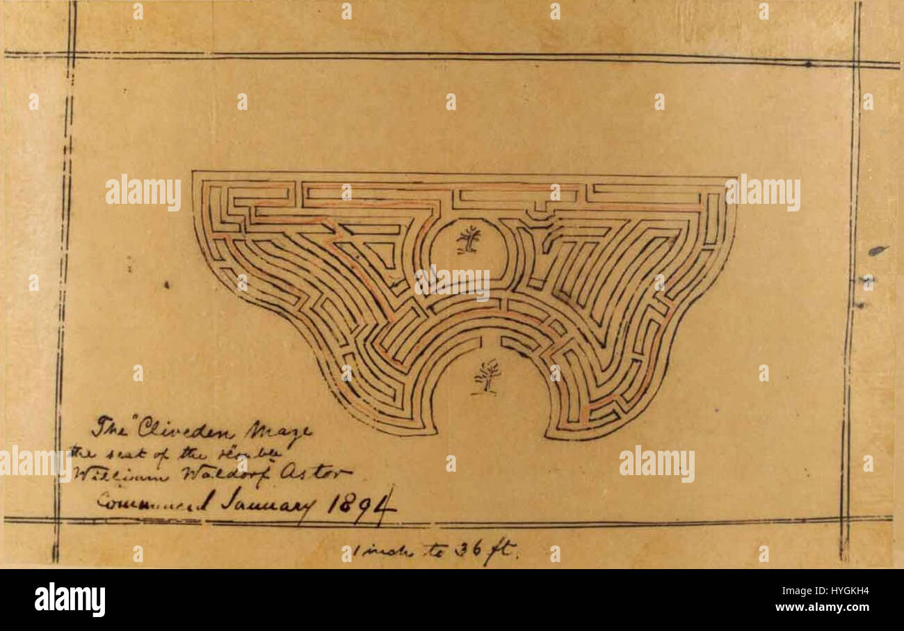 Un disegno planimetrico del labirinto di Cliveden, creato da William Waldorf Astor nel 1894. Foto Stock