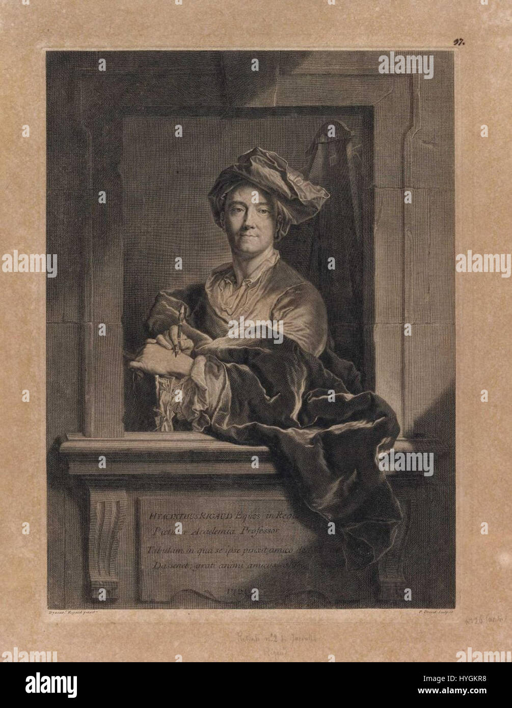 Hyacinthe Rigaud, un pittore francese, in un'incisione di Pierre Drevet, 1701. Foto Stock